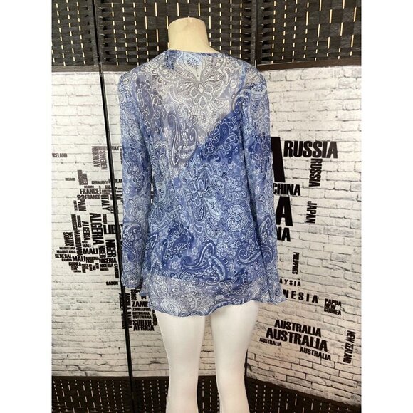 New York City Design L Blue Paisley Silk Beaded V-Neck Long Bell Sleeve Top - Picture 4 of 6